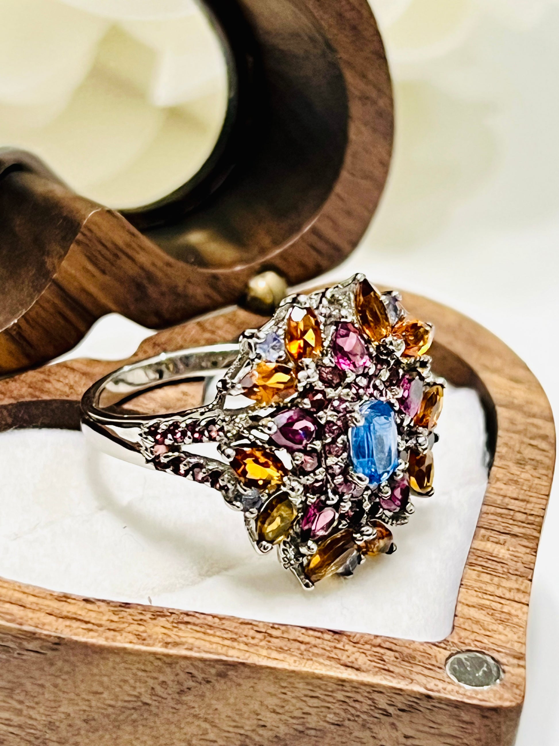 Handmade genuine Kyanite, Citrine and Rhodolite Garnet Ring