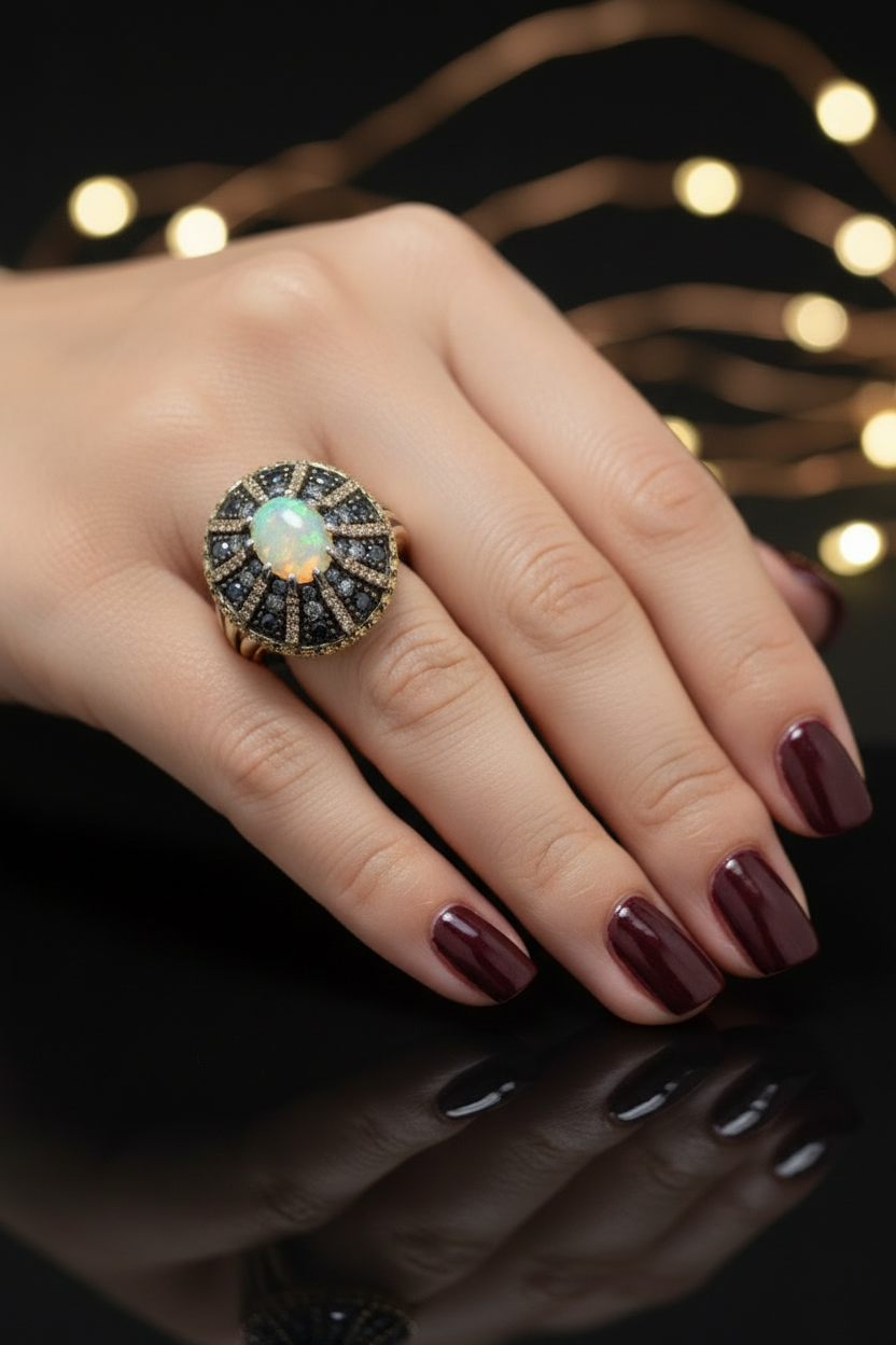 Handmade Fire Opal, Sapphires and Diamond Ring