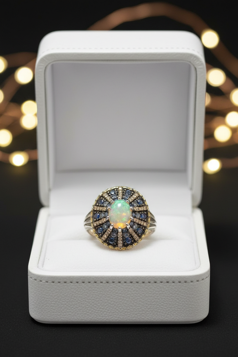 Handmade Fire Opal, Sapphires and Diamond Ring