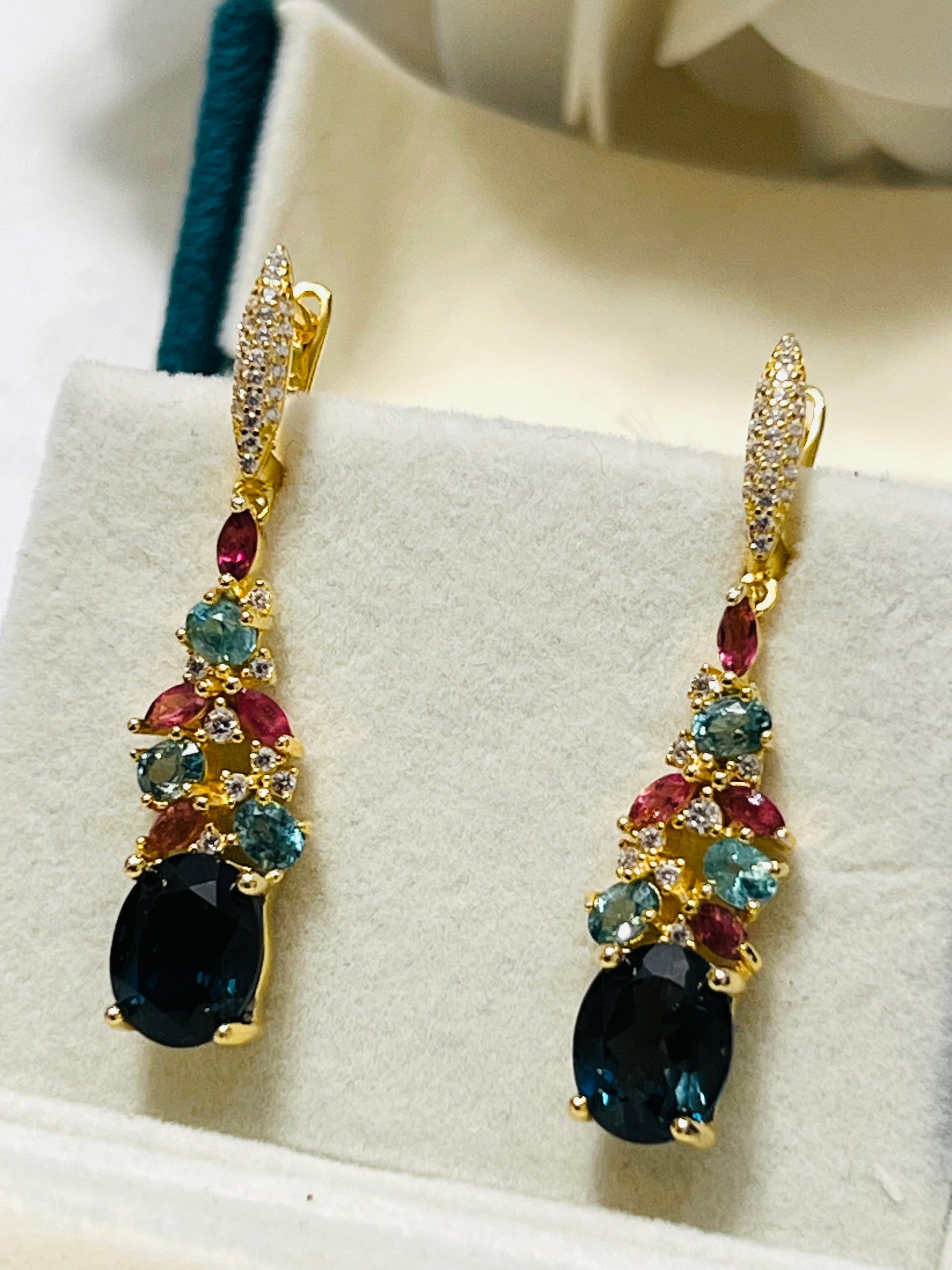 London Blue Topaz Earrings with Apatite & Pink Tourmaline Accents – 18K Gold Vermeil