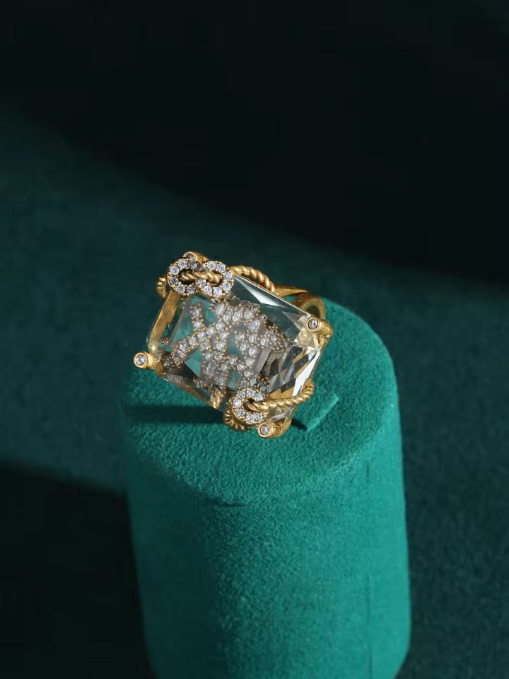 Vintage Inspired Emerald Cut Crystal Ring | Adjustable Gold Plated Brass Cocktail Ring for Women