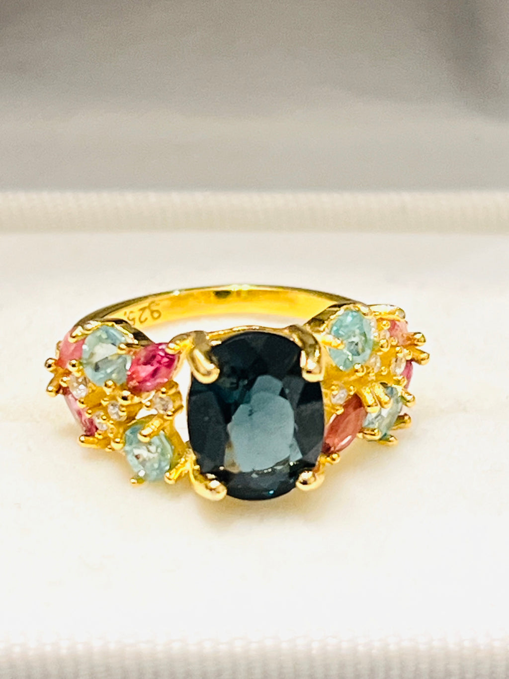 London Blue Topaz Solitaire Ring with Pink Tourmaline Accents – 18K Gold Vermeil