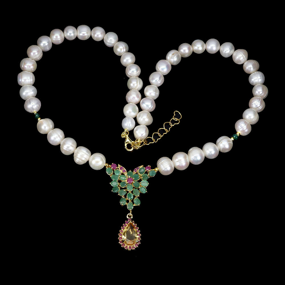 Colombian Emerald, Ruby and citrine along with south sea pearls necklace
