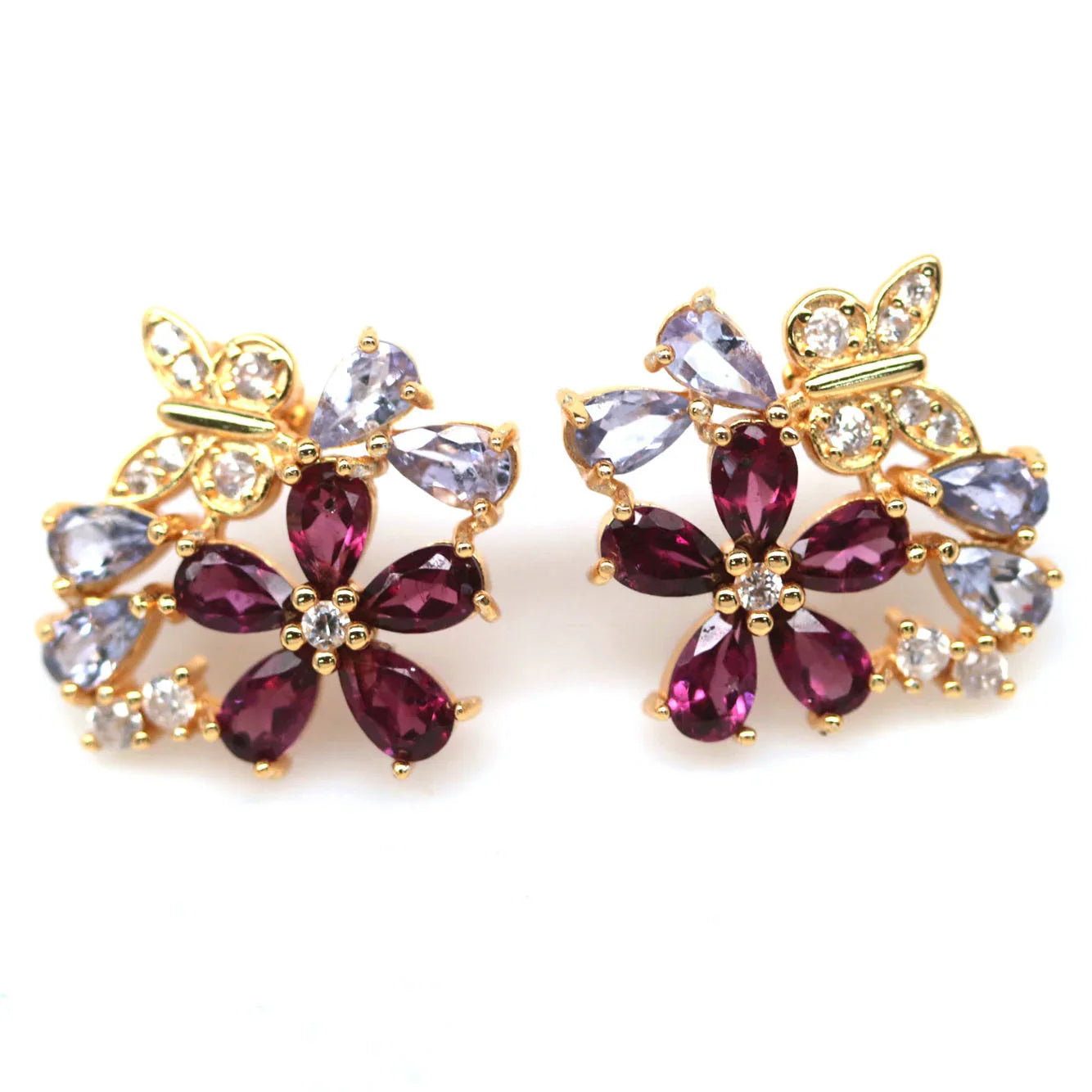 Natural Pink Rhodolite & Tanzanite Stud Earrings in Palladium Silver