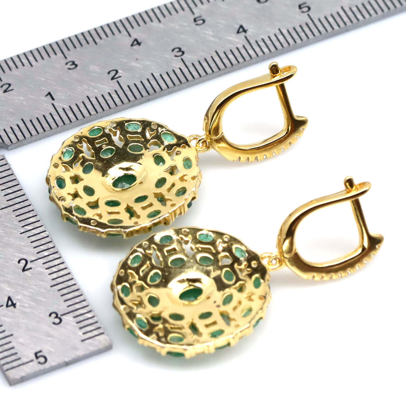 Natural Emerald & White Sapphires Flower Cluster Dangle Earrings – 18K Gold over Sterling Silver