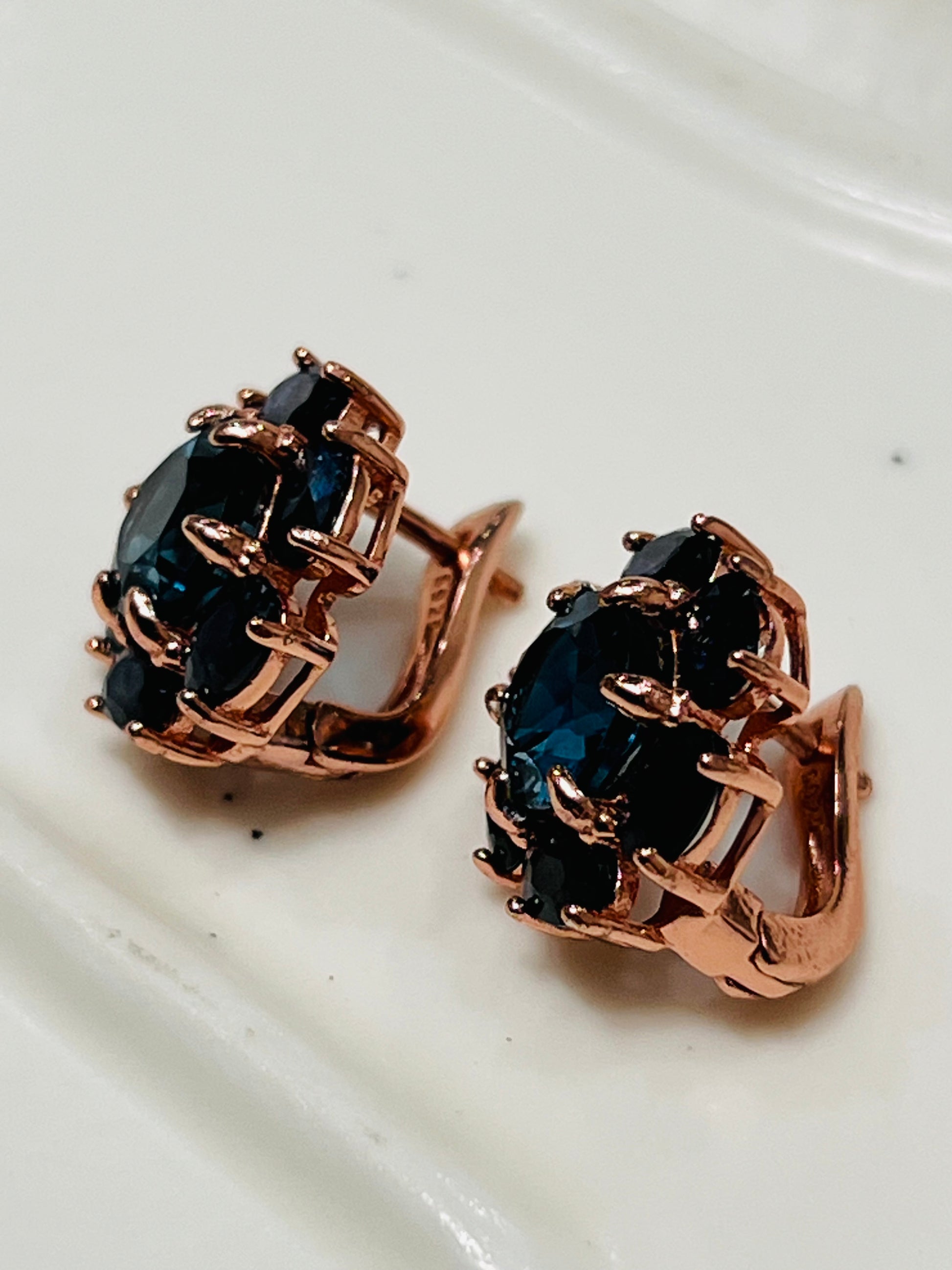 Handmade Genuine London Blue Topaz & Sapphire Rose Gold Plated Earrings over Sterling silver