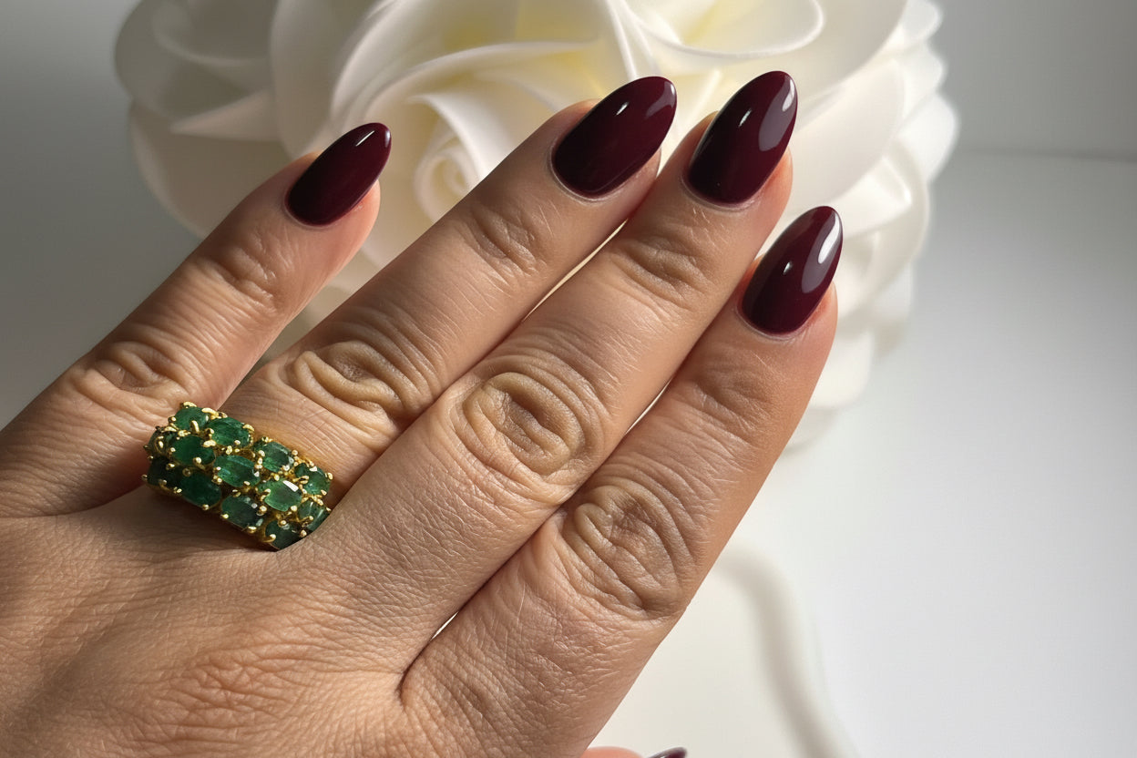 Handmade Triple-Row Zambian Emerald Ring in Yellow Gold Vermeil