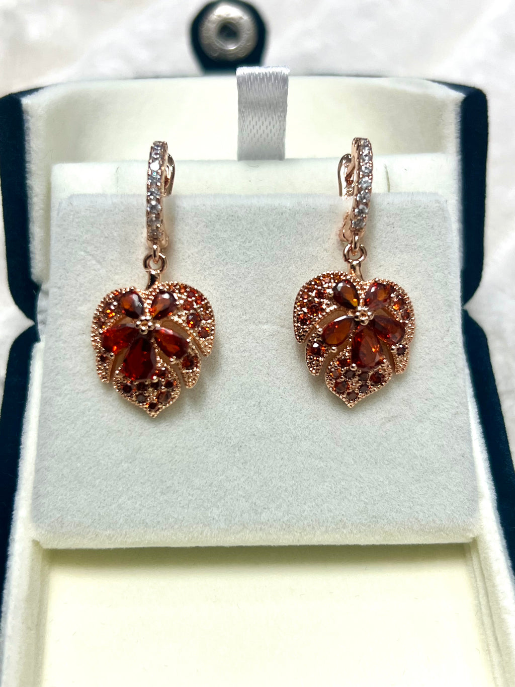 14K Rolled Gold Heart Maple Shaped Garnet Earrings