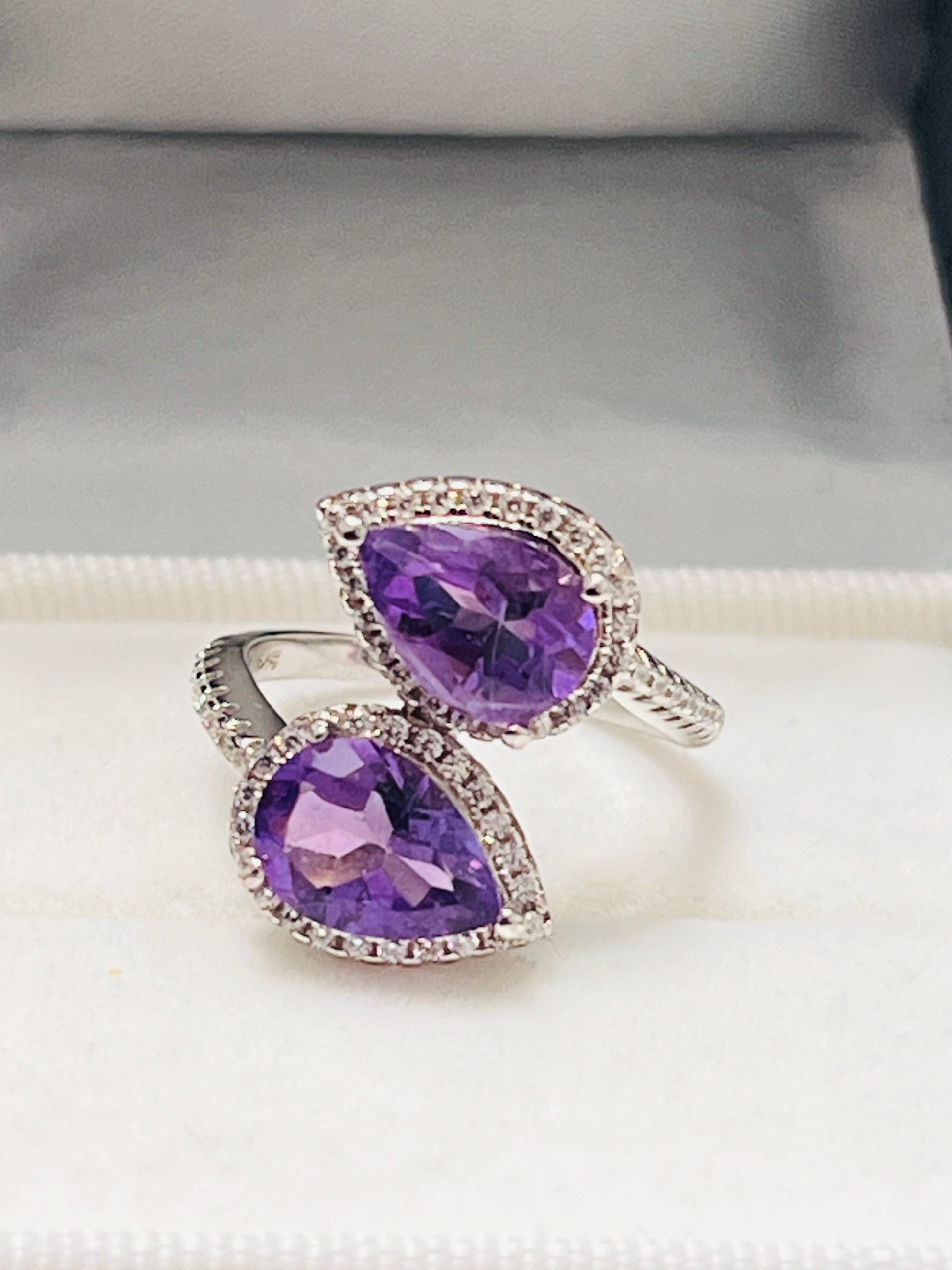 Handmade genuine Twin Amethyst Leaf Ring with White Topaz Accents
