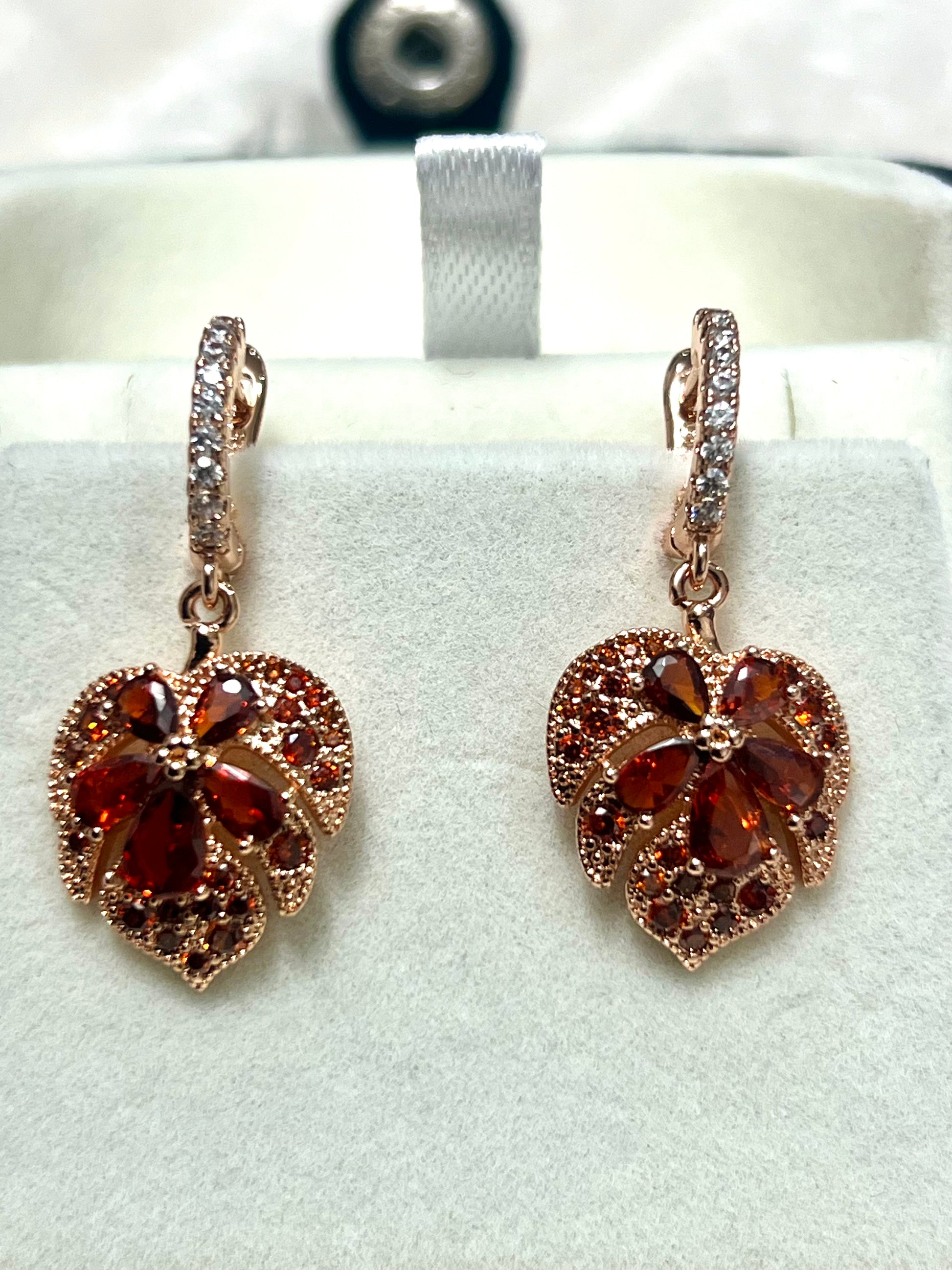 14K Rolled Gold Heart Maple Shaped Garnet Earrings