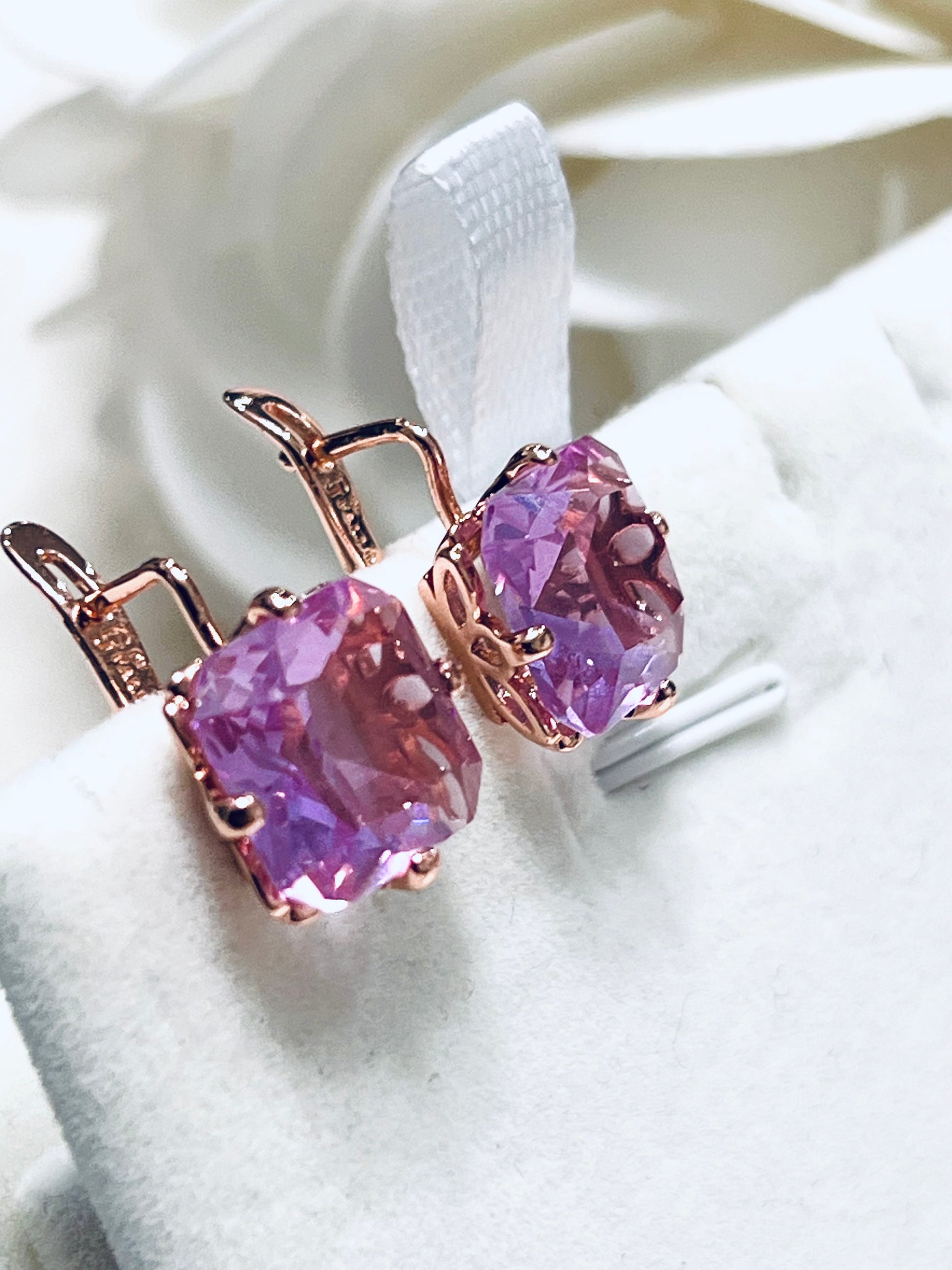 14K Rolled Gold Pink or Blue Topaz Minimalistic Square Drop Earrings