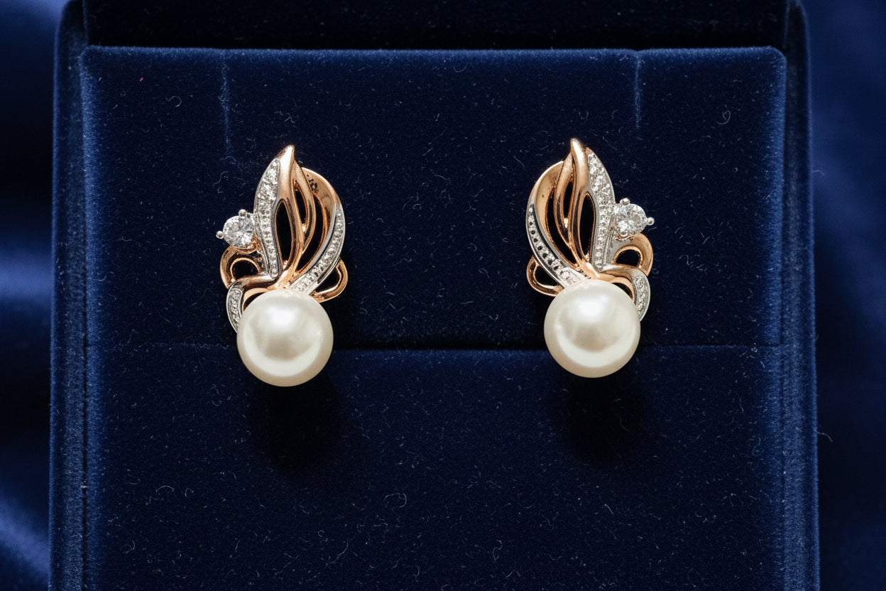 14K Rolled Gold Bridal Pearl Small Two tone earrings