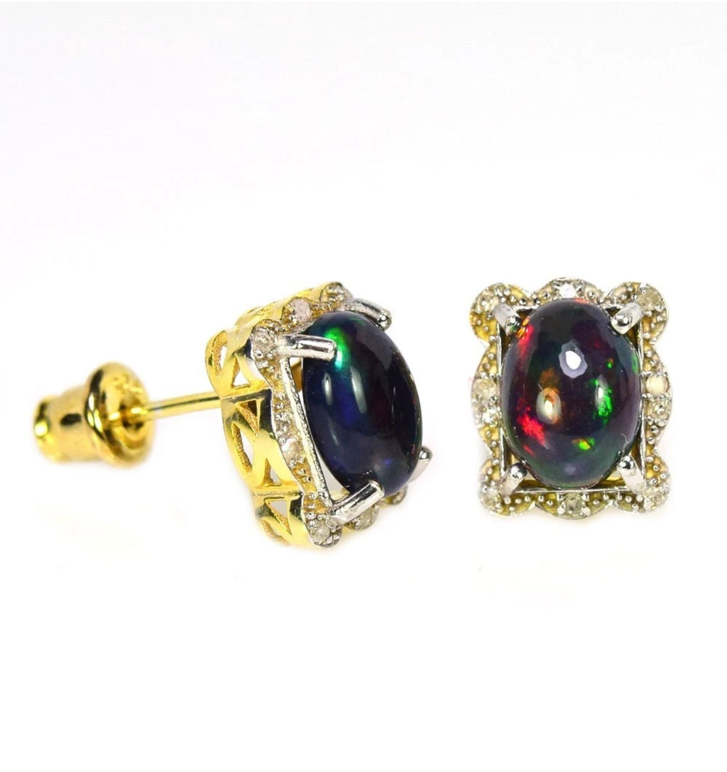 Natural Opal & Diamond Halo Stud Earrings in Sterling Silver Gold Vermeil | Handmade Two-Tone Cabochon Opal Earrings