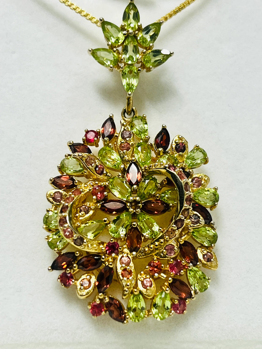Handmade Peridot & Rhodolite Garnet Floral Statement Necklace