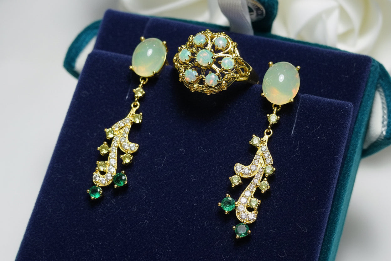 Hadmade Jewlery Set with Natural Prehnite, Emerald and Opal