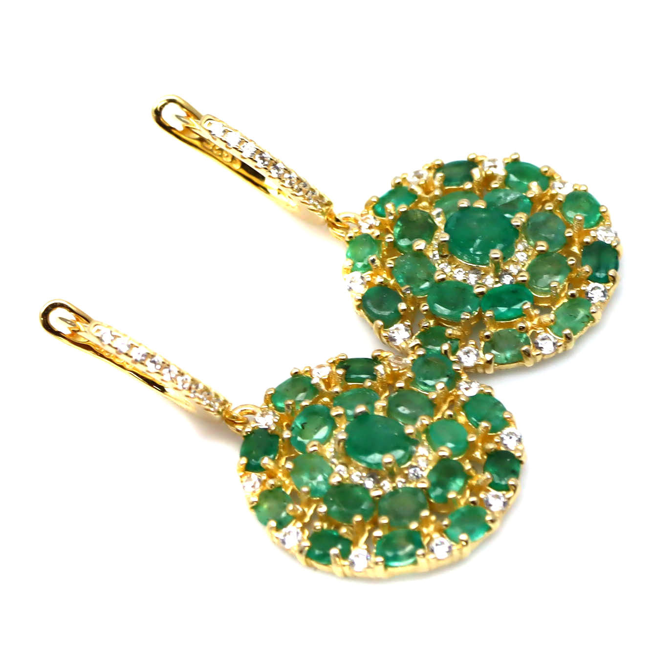 Natural Emerald & White Sapphires Flower Cluster Dangle Earrings – 18K Gold over Sterling Silver