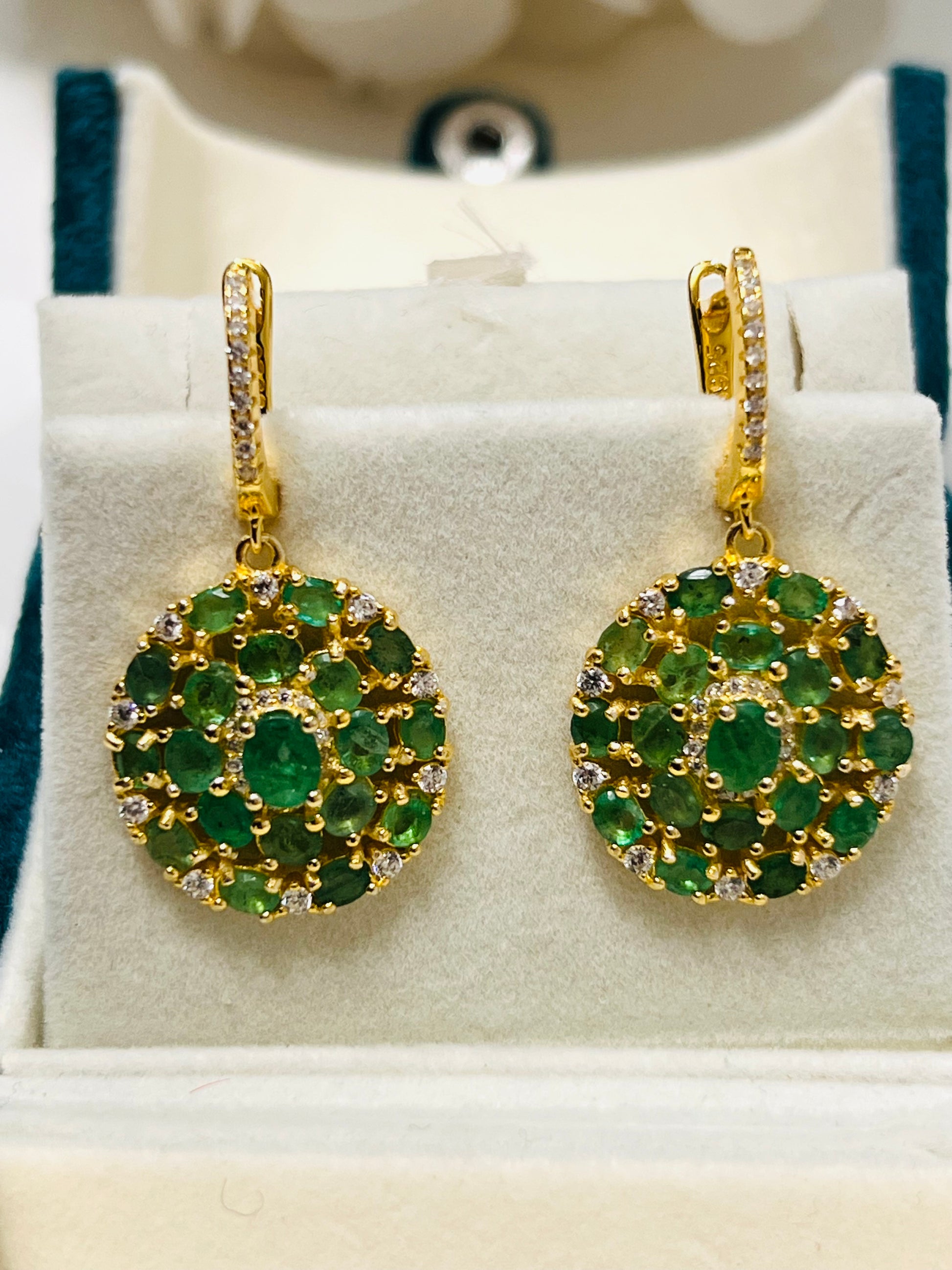 Natural Emerald & White Sapphires Flower Cluster Dangle Earrings – 18K Gold over Sterling Silver