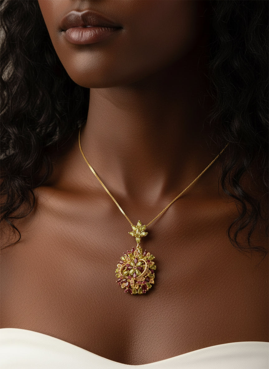 Handmade Peridot & Rhodolite Garnet Floral Statement Necklace