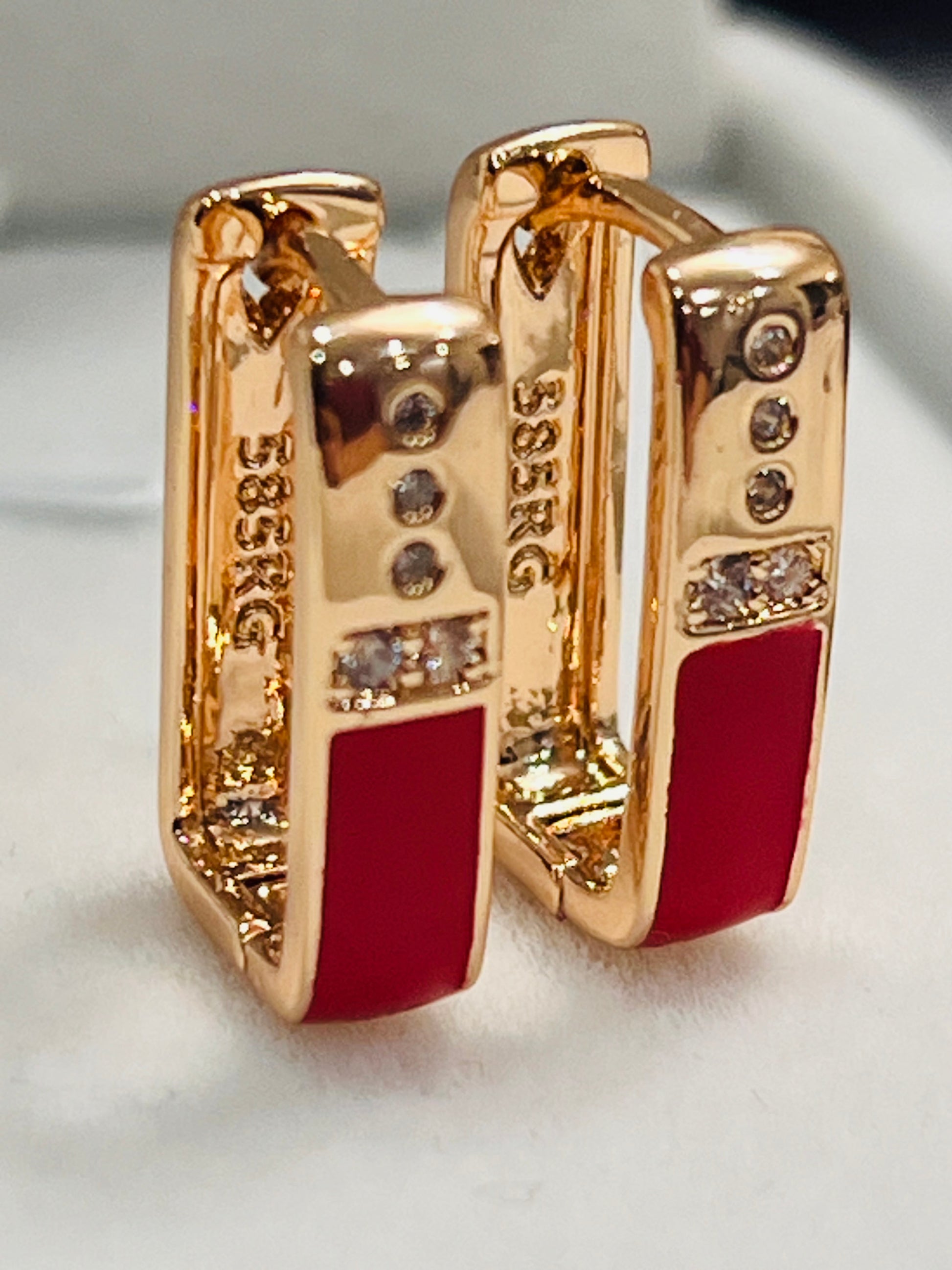 14K Rolled Gold Rectangle Enamel Earrings – Minimalist Futuristic Geometric Earrings Red White Black