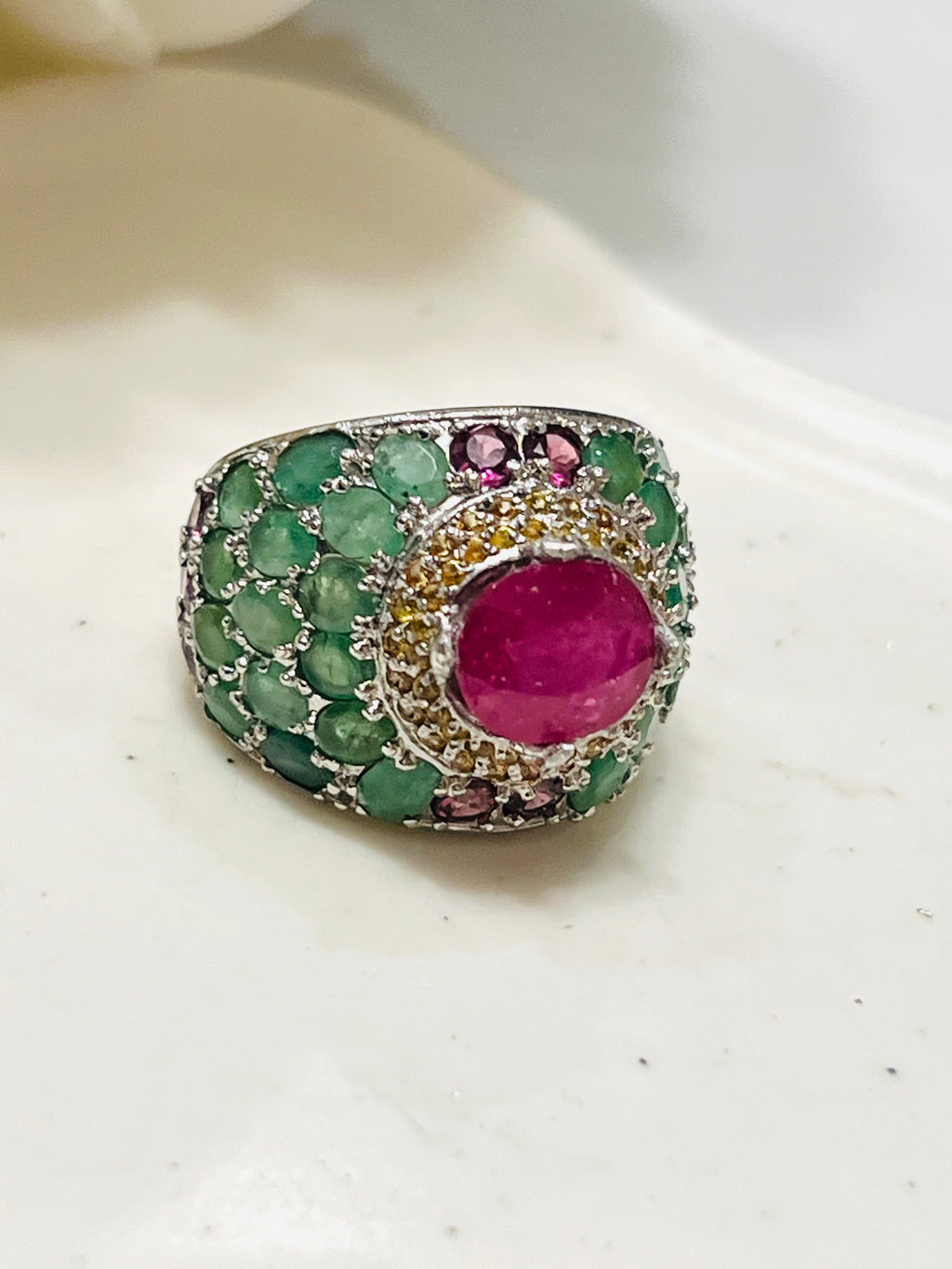 Handmade Peacock Ring with genuine Rubies and Emerald