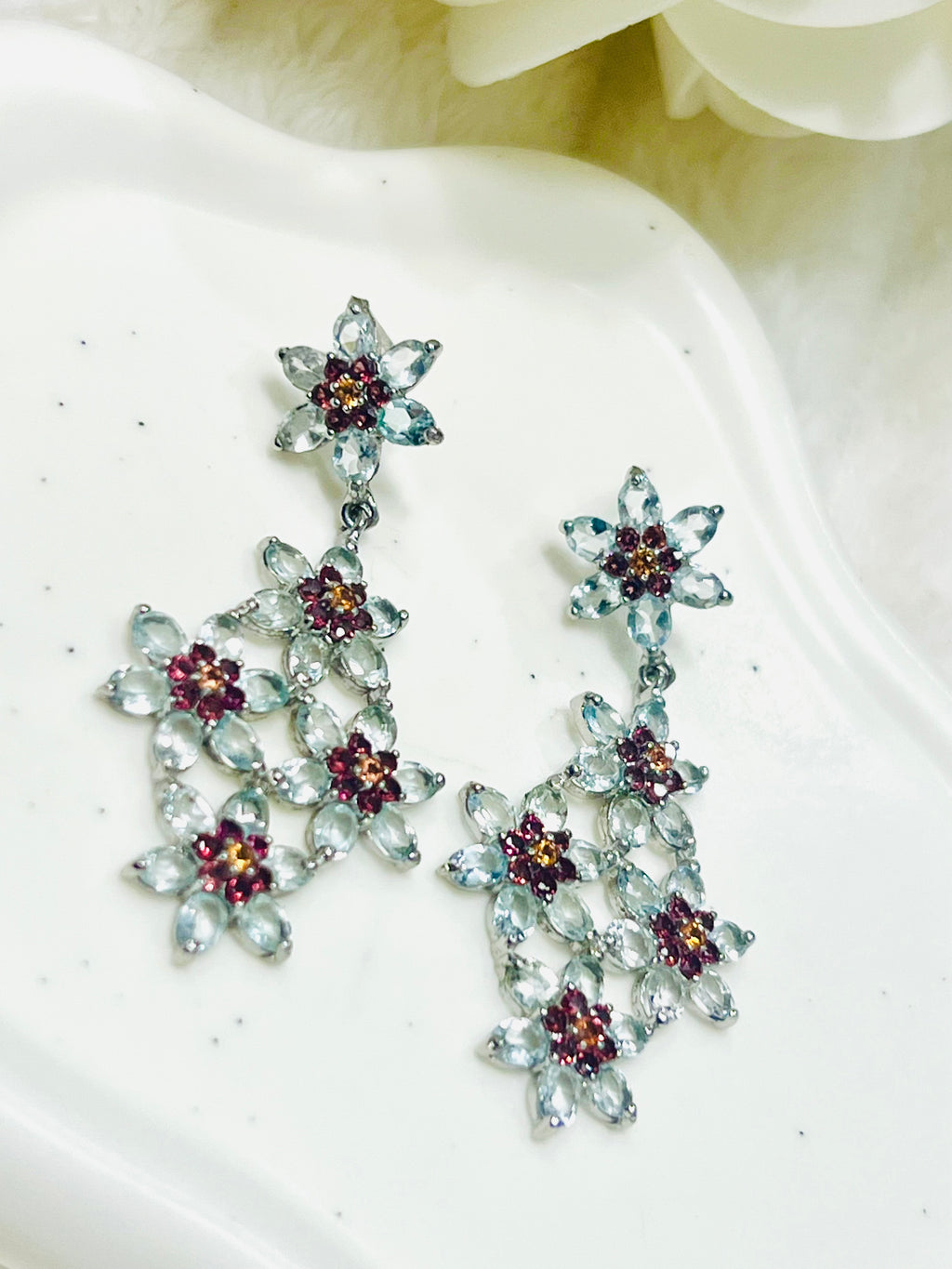 Handmade Lattice-Style Aquamarine & Rhodolite Garnet Earrings