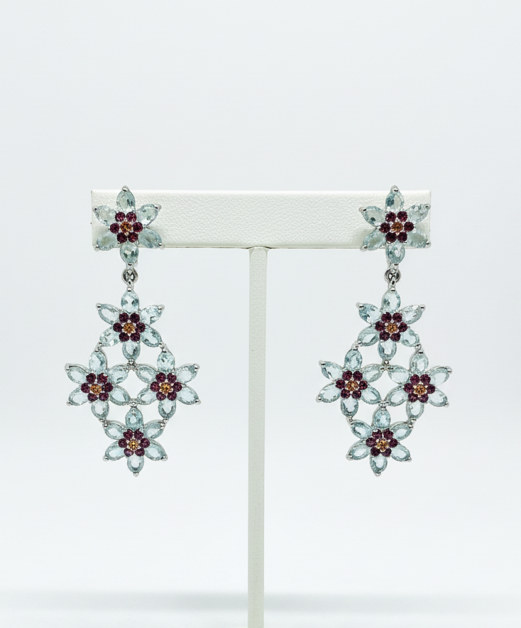 Handmade Lattice-Style Aquamarine & Rhodolite Garnet Earrings