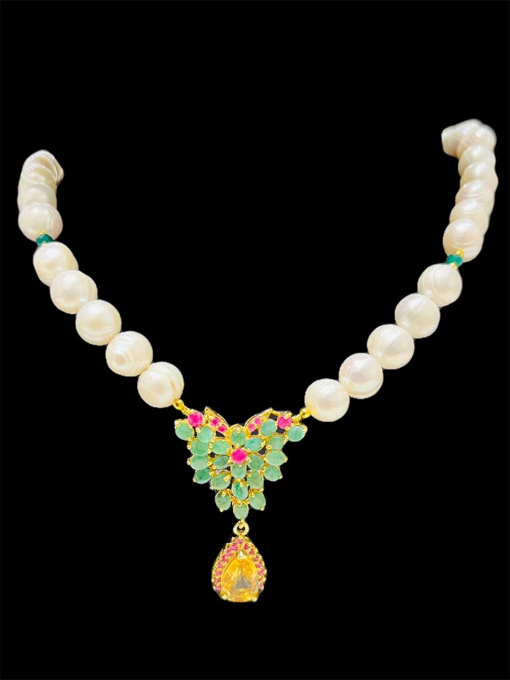 Colombian Emerald, Ruby and citrine along with south sea pearls necklace