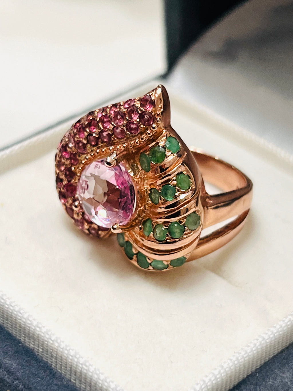 Handmade Heart Ring with Pink Tourmaline, Emerald & Ruby Accents