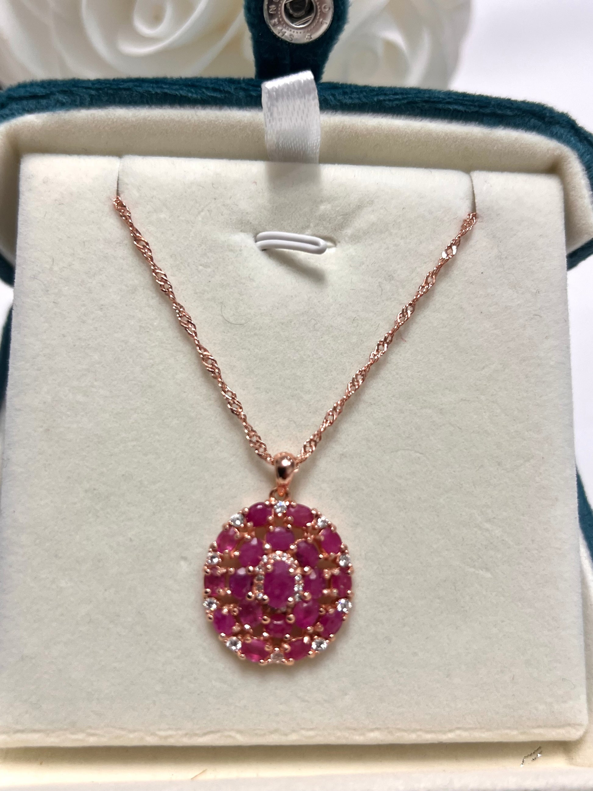 Stunning artisan made Rose Gold Pink Ruby & White Sapphire Pendant
