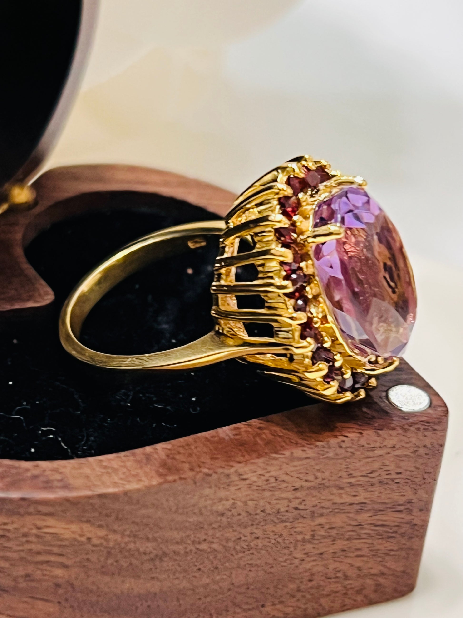 Artisan Solitaire Amethyst Ring with Rhodolite Garnet Accents – 14K Yellow Gold over Silver