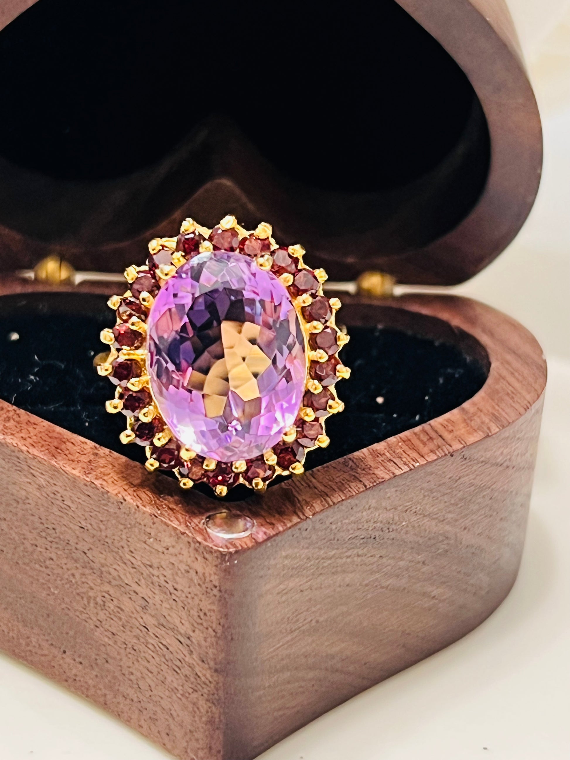 Artisan Solitaire Amethyst Ring with Rhodolite Garnet Accents – 14K Yellow Gold over Silver