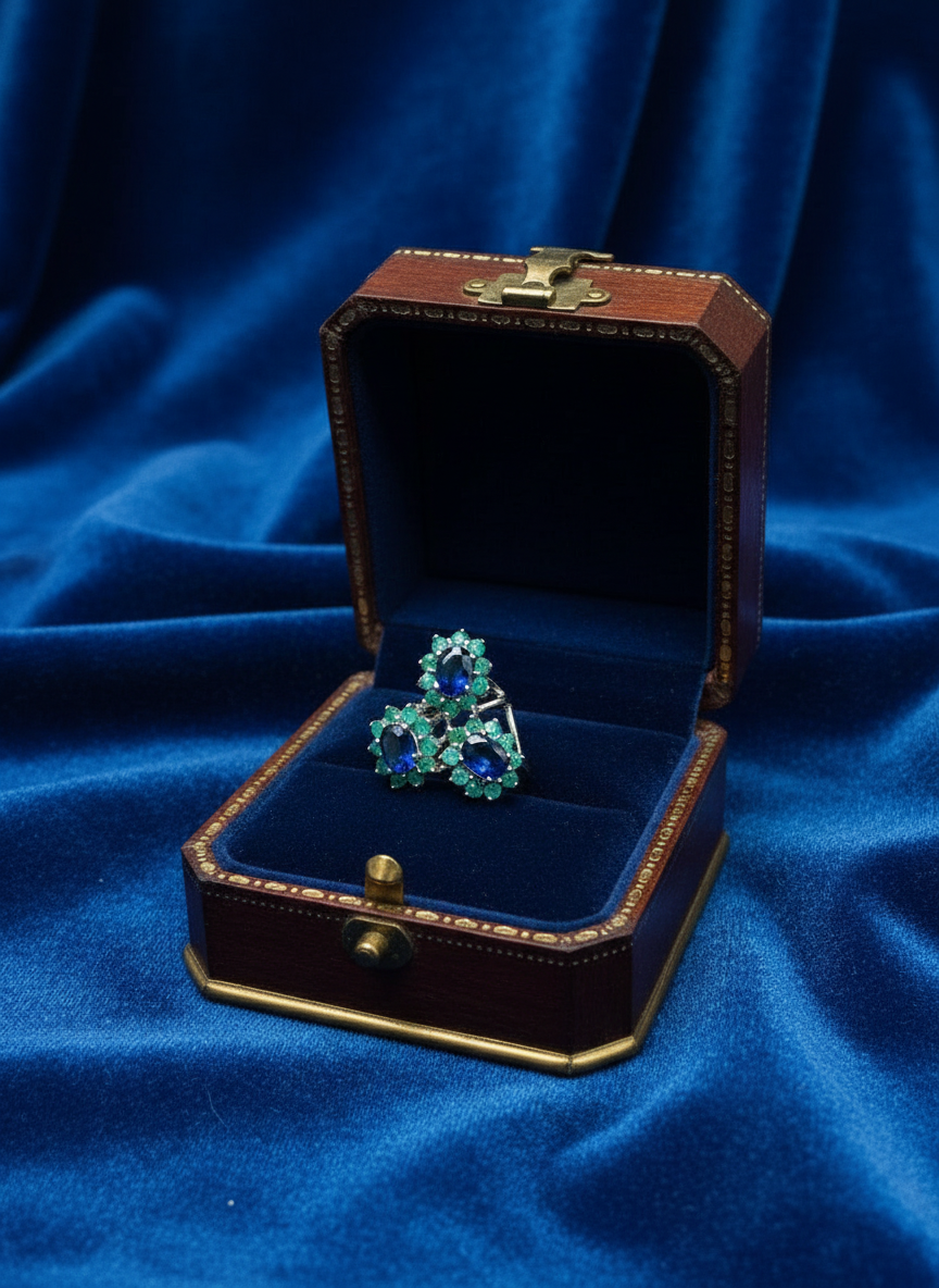 Handmade beautiful Natural Emerald and Kyanite Ring