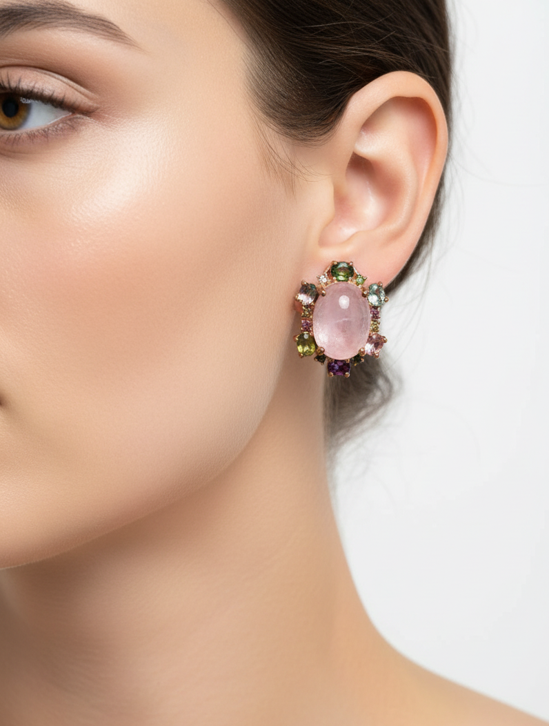 Handmade Pink Rose Quartz & Fancy Tourmaline Earrings