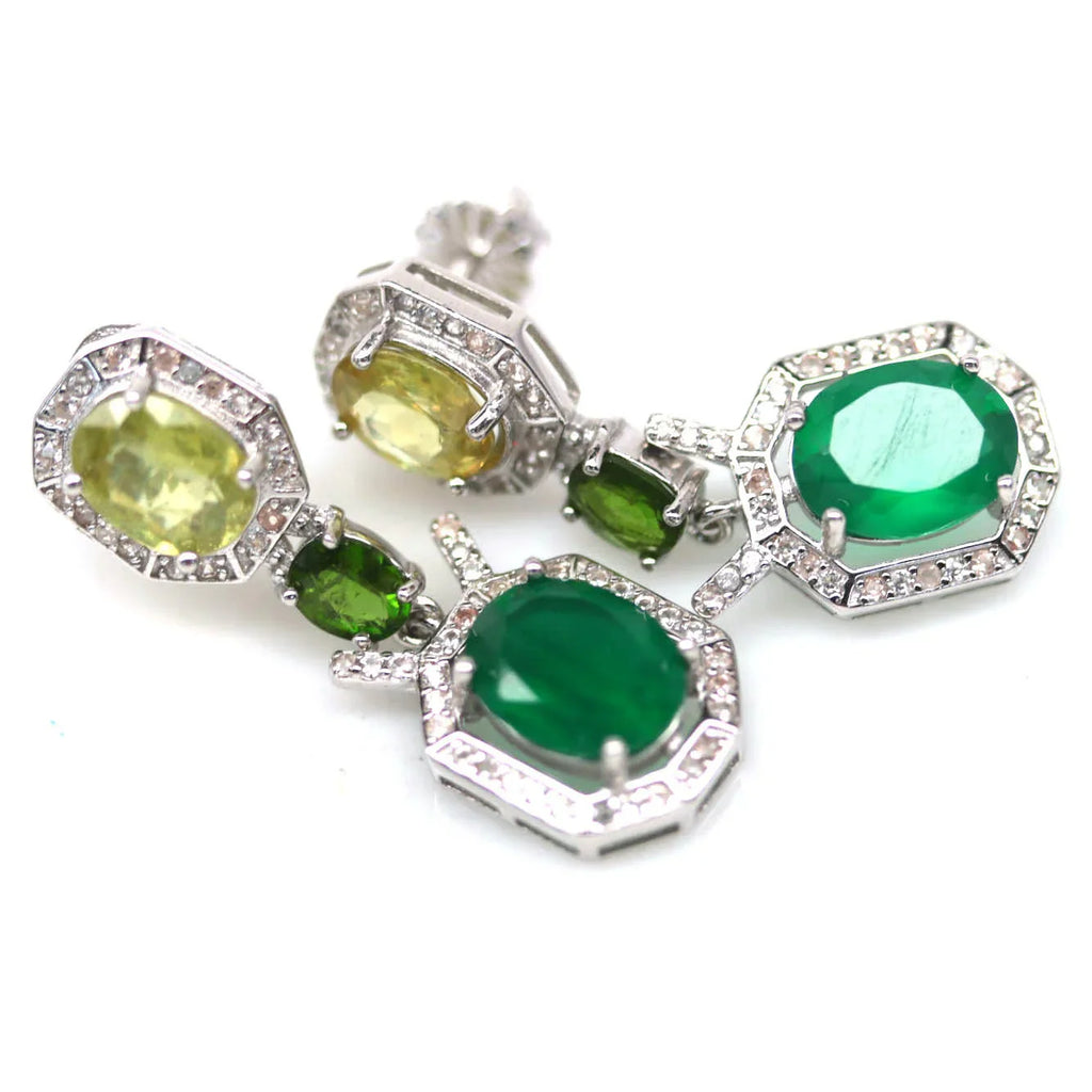 Handmade Emerald, Peridot, Chrome Diopside & Cubic Zirconia Earrings