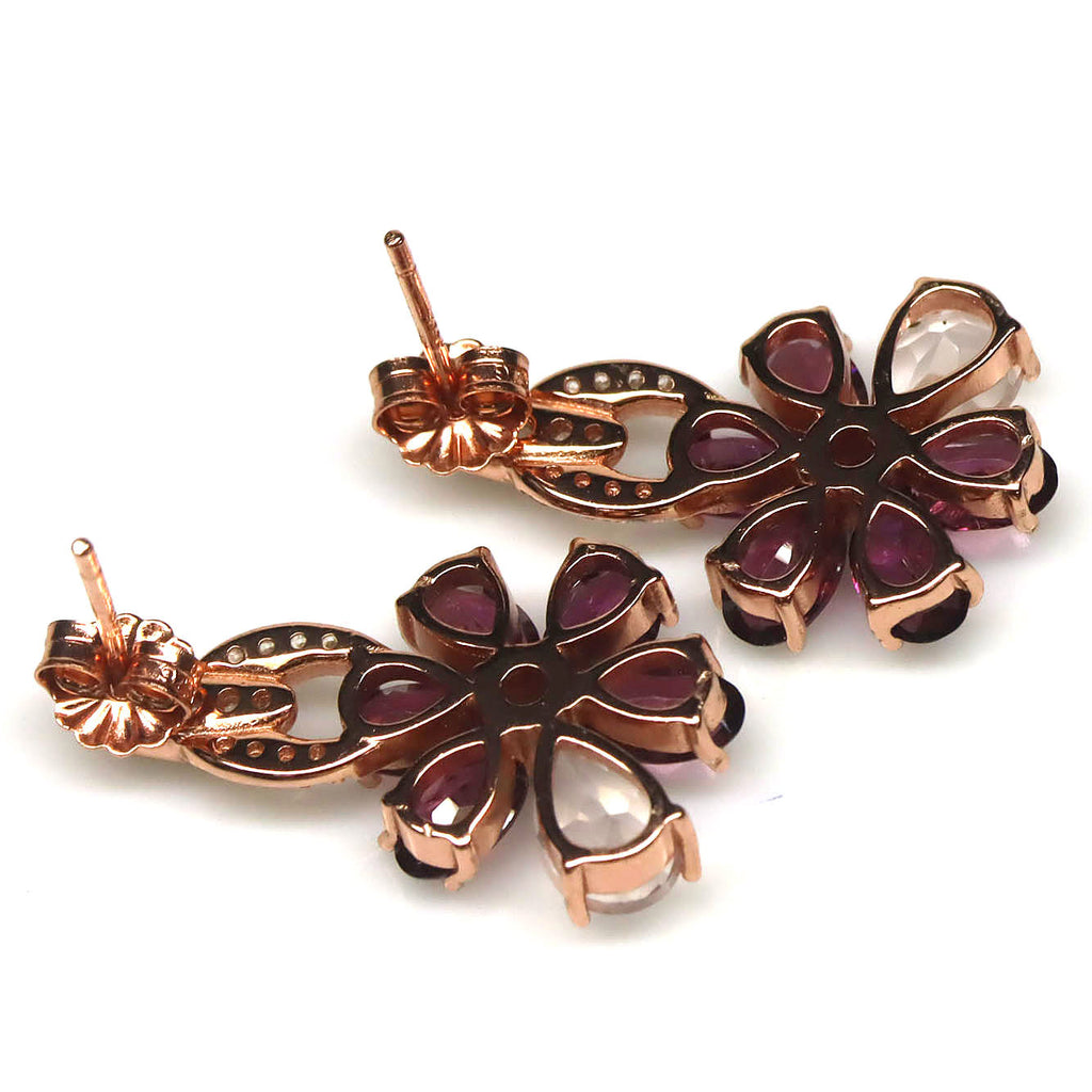 Handmade Purplish Red Rhodolite, Rose Quartz Earrings