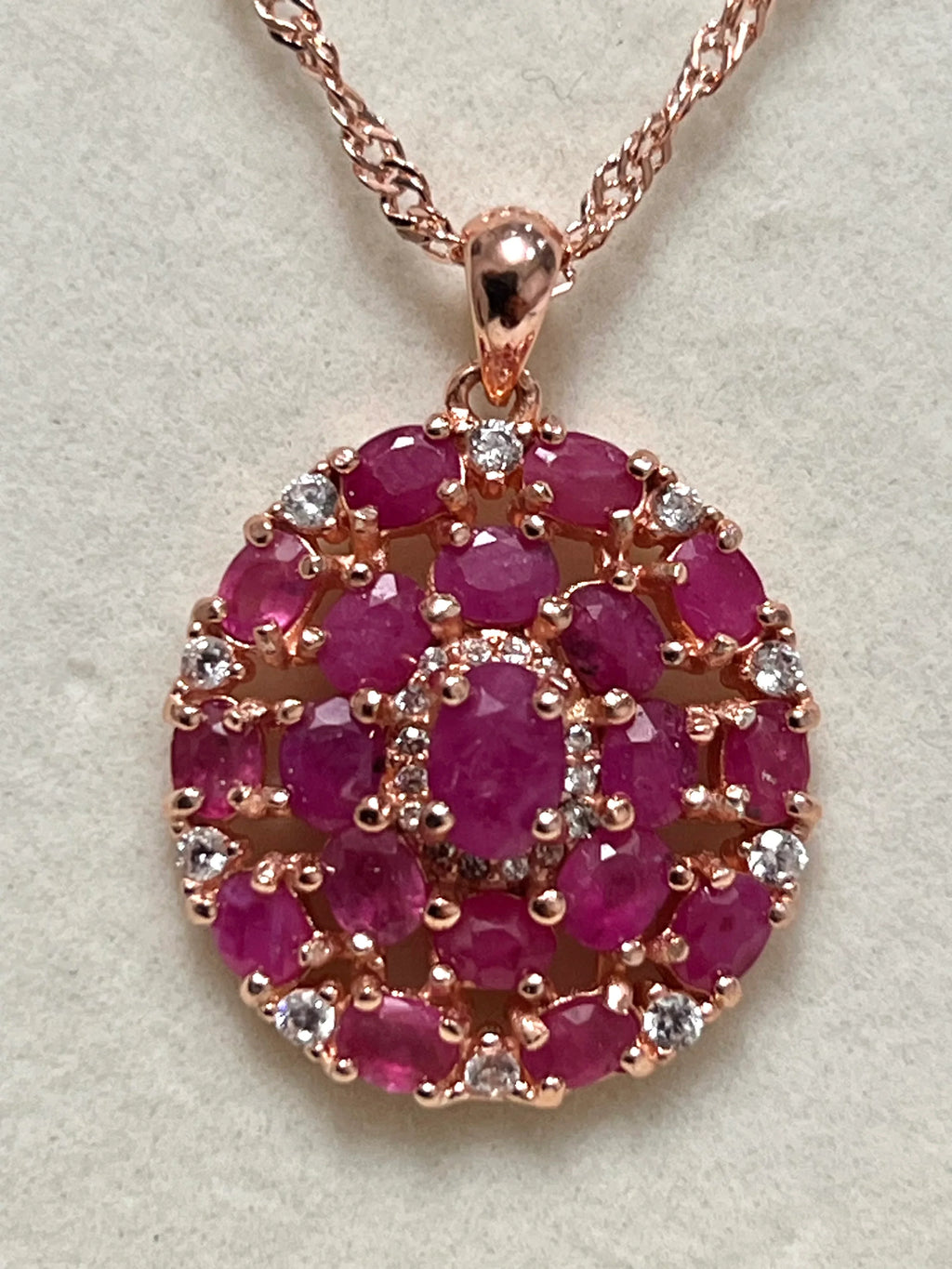 Stunning artisan made Rose Gold Pink Ruby & White Sapphire Pendant