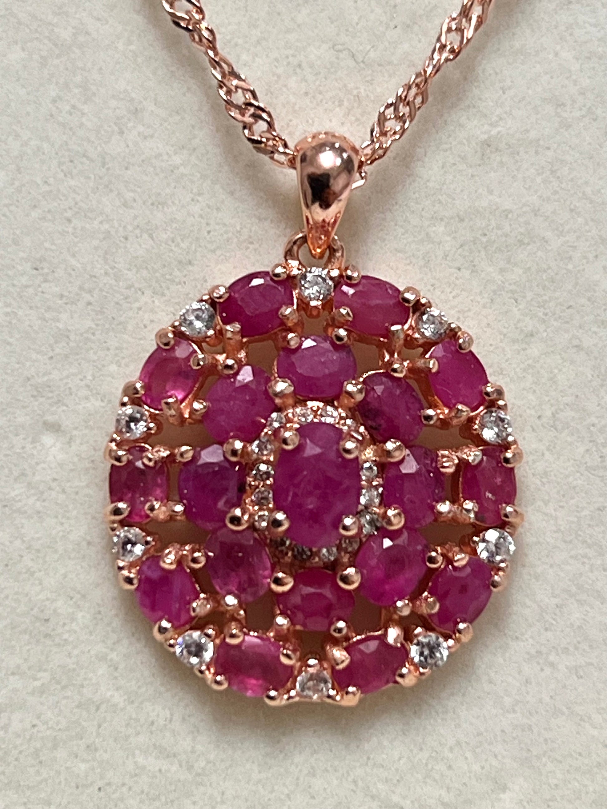 Stunning artisan made Rose Gold Pink Ruby & White Sapphire Pendant