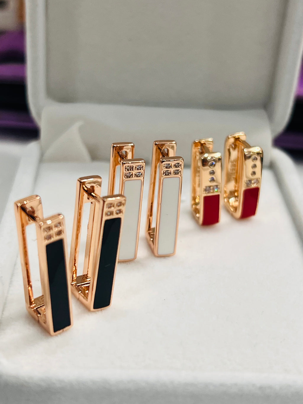 14K Rolled Gold Rectangle Enamel Earrings – Minimalist Futuristic Geometric Earrings Red White Black