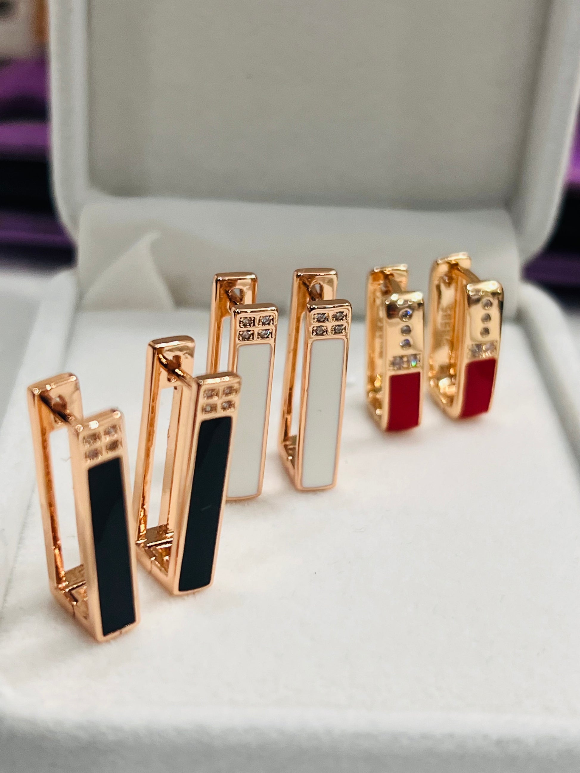 14K Rolled Gold Rectangle Enamel Earrings – Minimalist Futuristic Geometric Earrings Red White Black