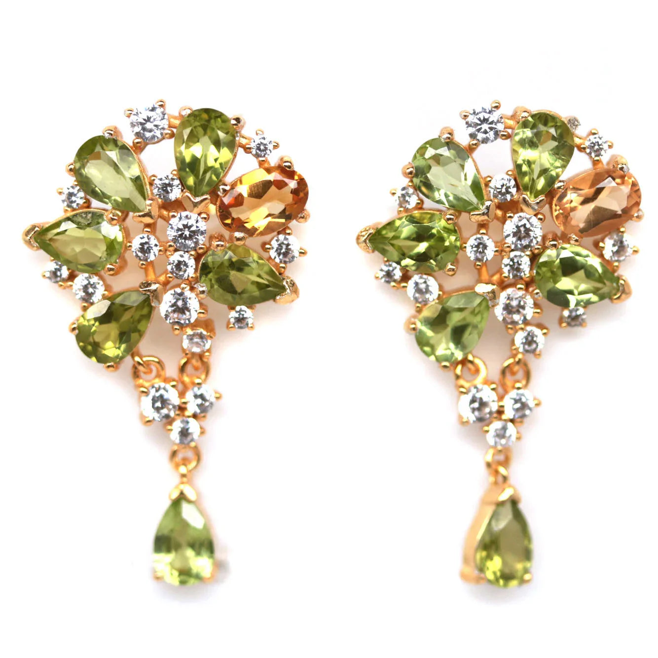 Handmade Golden Yellow Citrine, Peridot & Sapphires Earrings