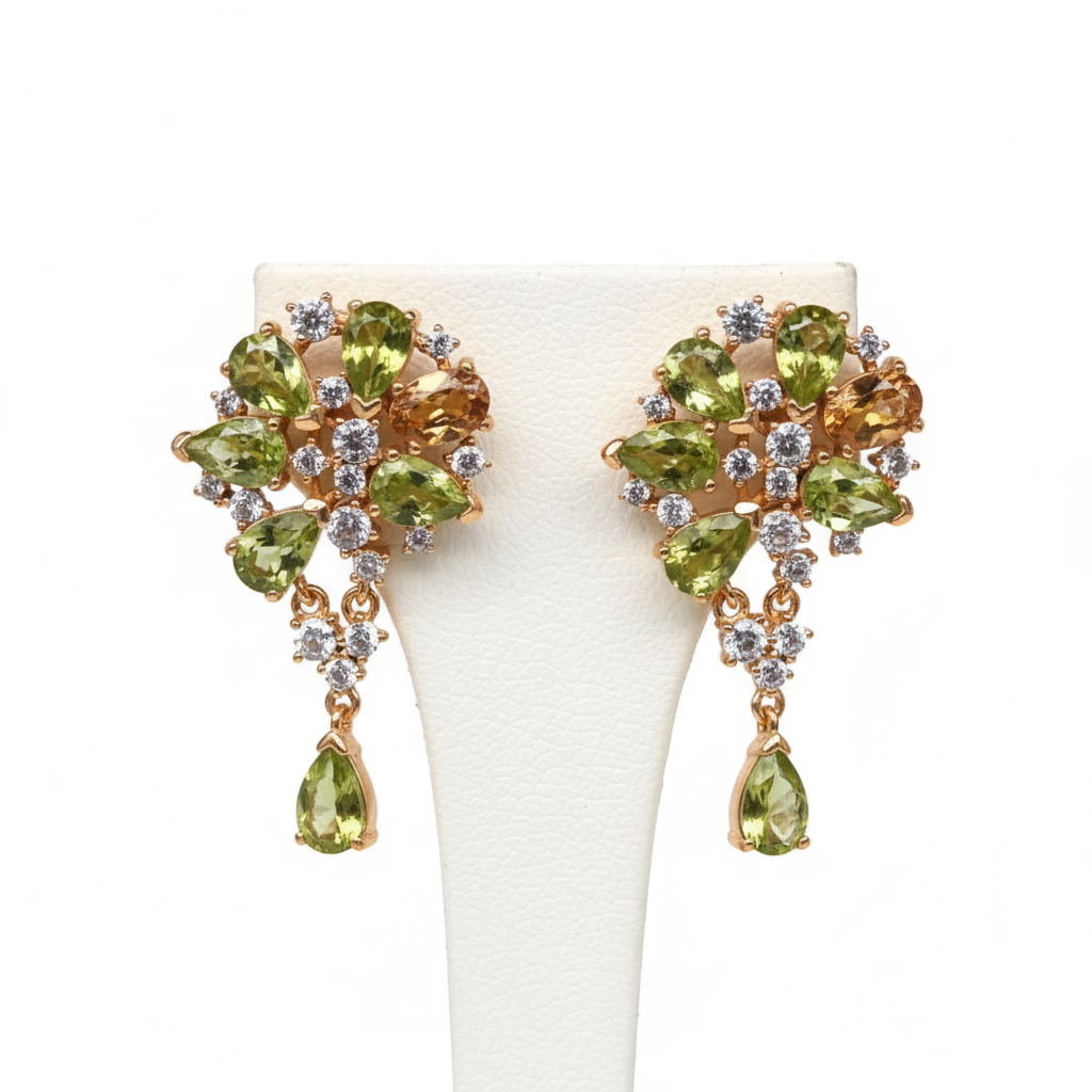 Handmade Golden Yellow Citrine, Peridot & Sapphires Earrings