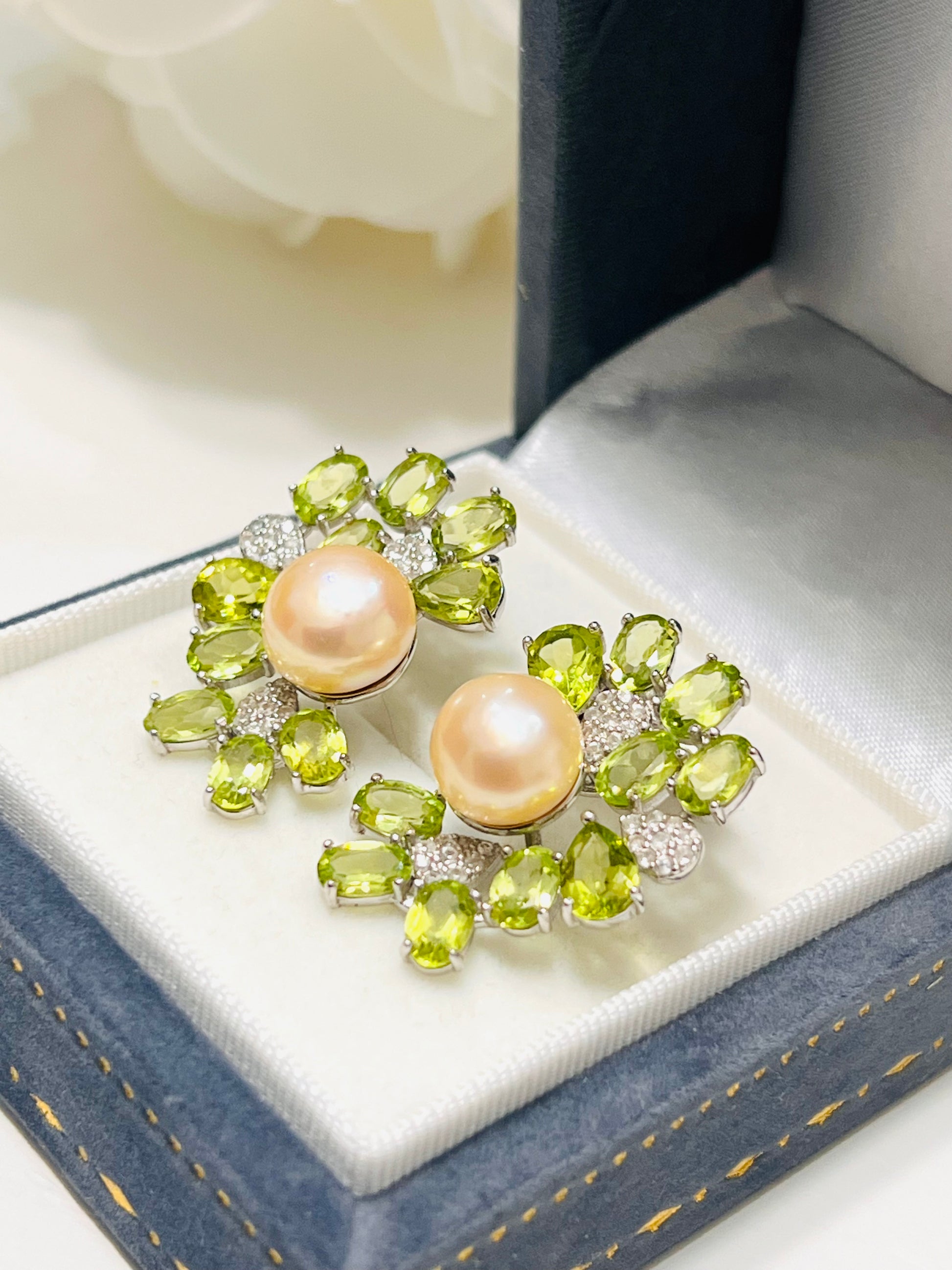 Genuine Pearl & Peridot Floral Glow Studs (Handmade- Artisan)