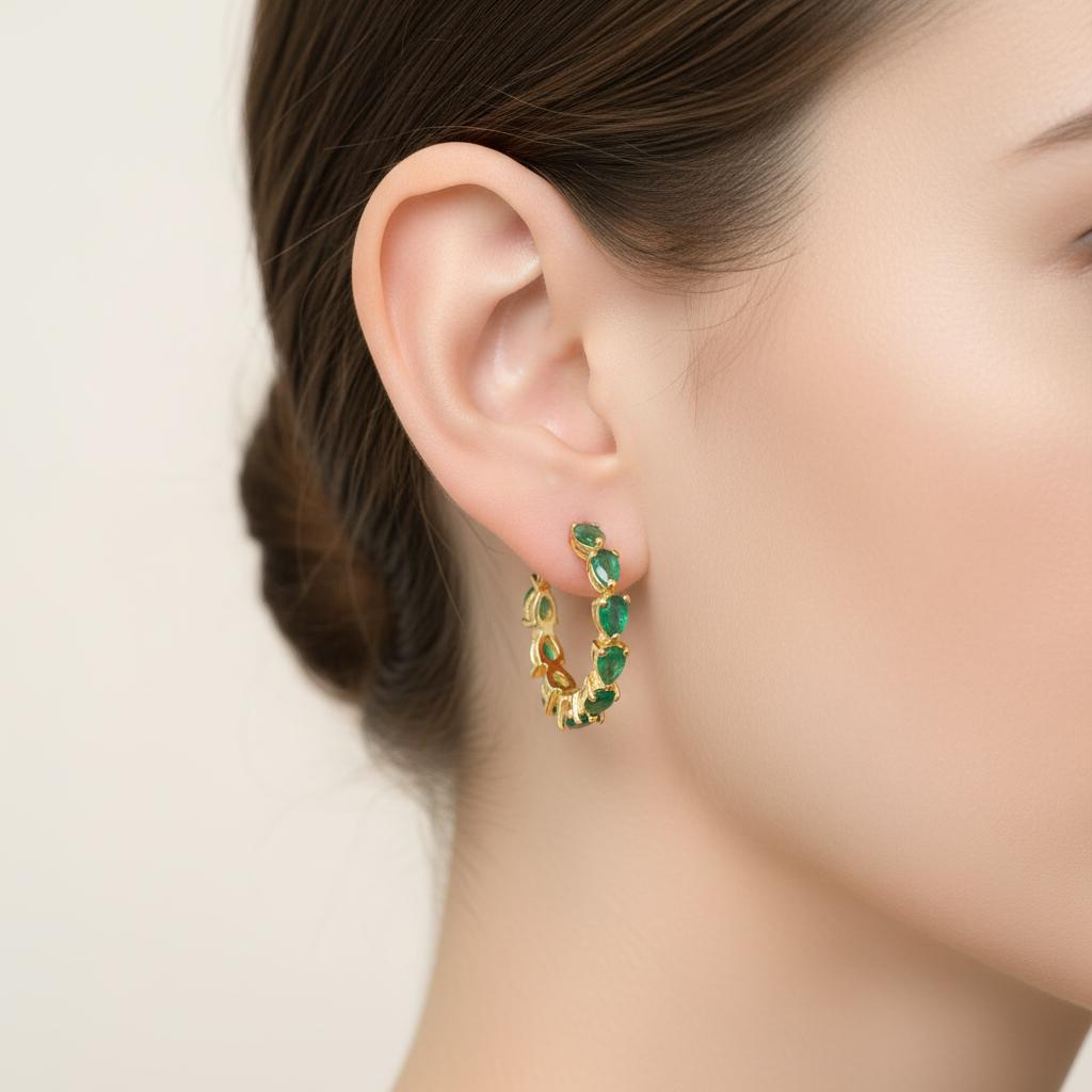 Half-Hoop Earrings with Pear-Shaped Colombian Emeralds