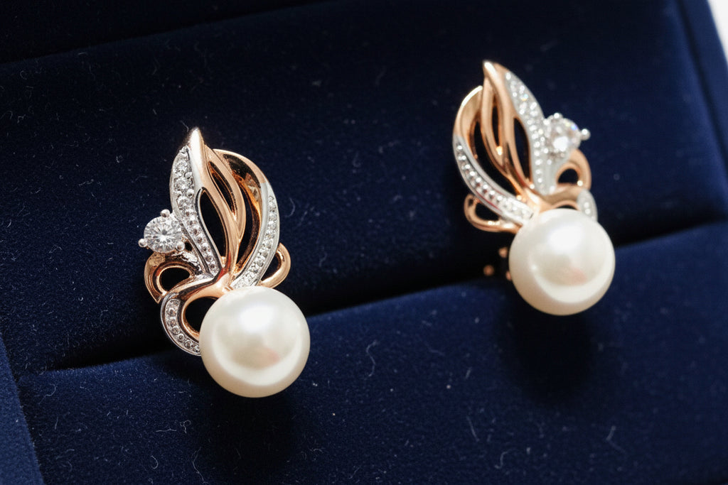 14K Rolled Gold Bridal Pearl Small Two tone earrings