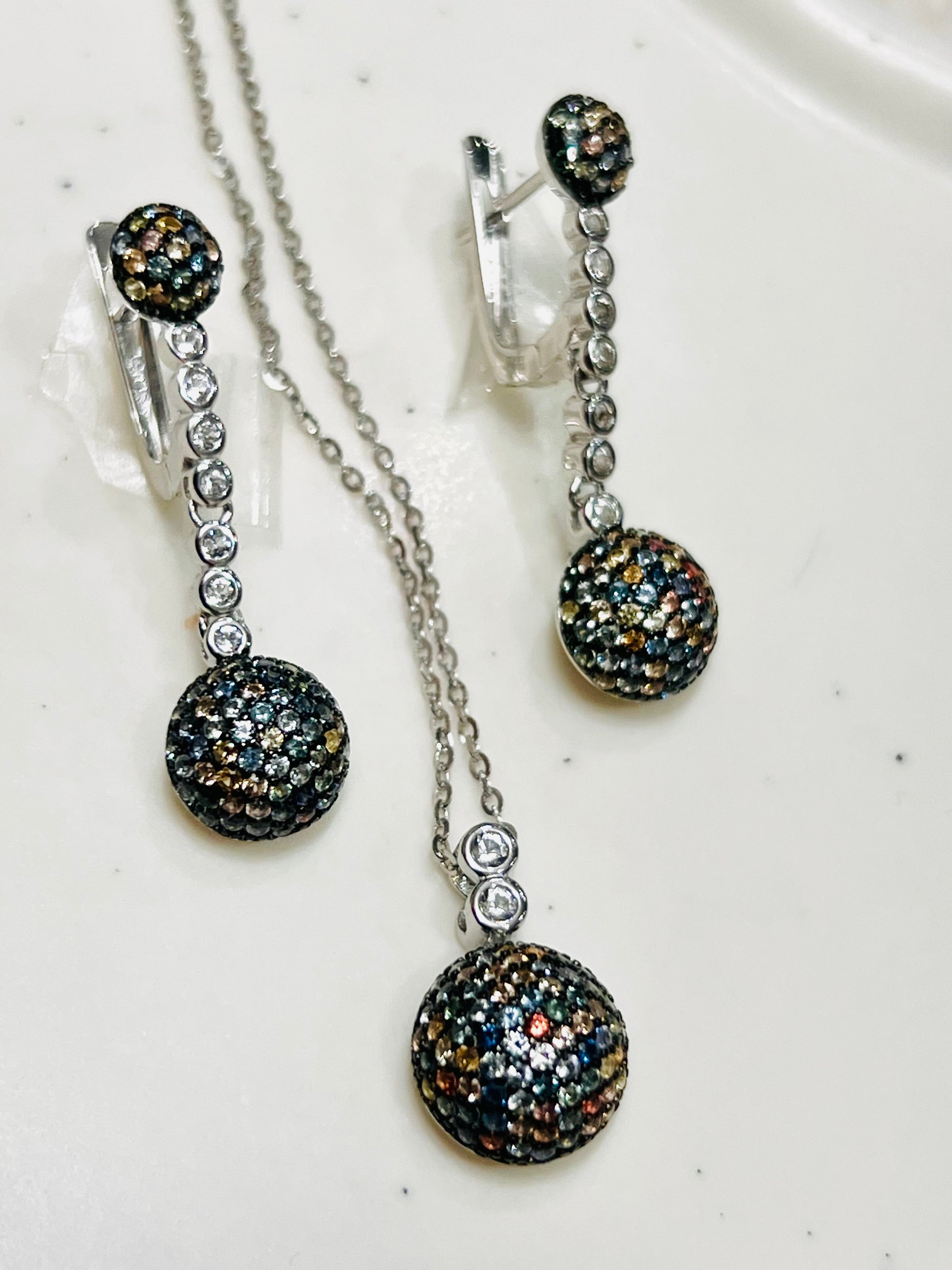 Multi-Color Sapphire Ball Design Sterling Silver Necklace and Earring Set
