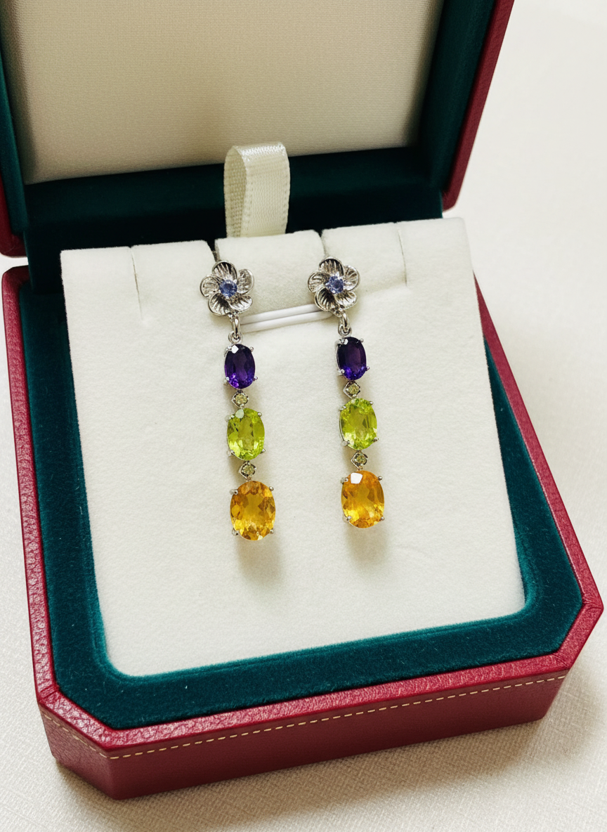 Handmade Natural Citrine, Peridot and Amethyst Drop Earrings