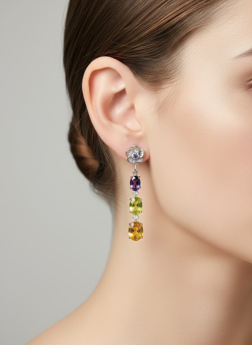 Handmade Natural Citrine, Peridot and Amethyst Drop Earrings