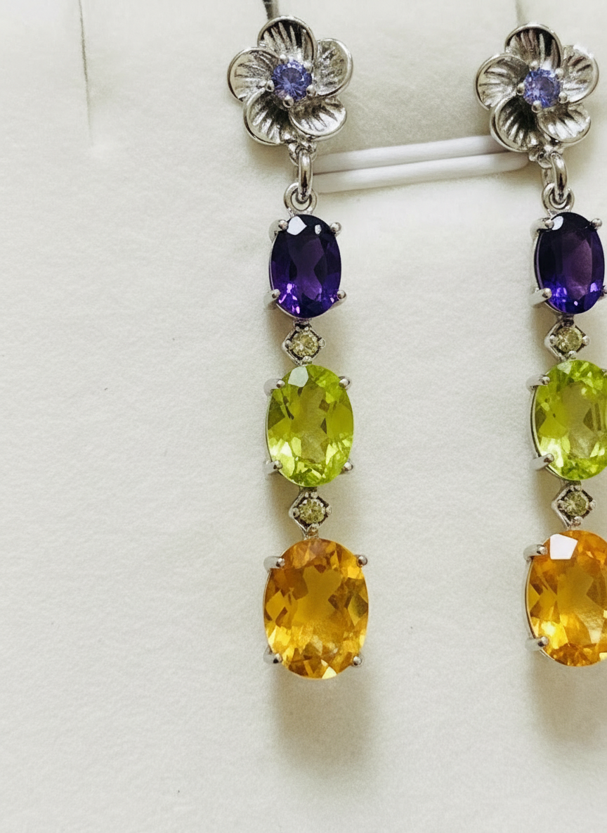 Handmade Natural Citrine, Peridot and Amethyst Drop Earrings