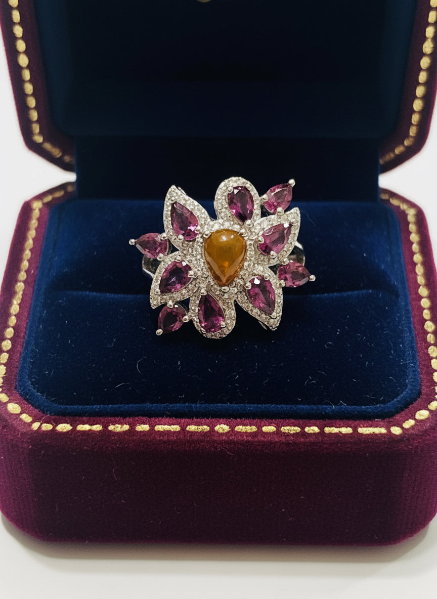 Handmade Rhodolite Garnet and Black Opal Ring