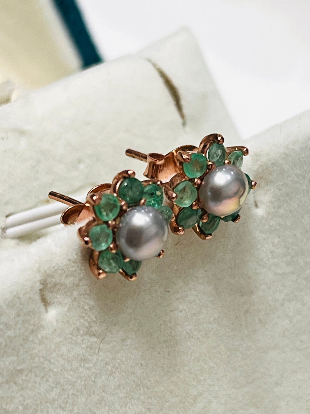 Tahitian Grey Pearl & Emerald Stud Earrings – 18K Rose Gold Vermeil Sterling Silver